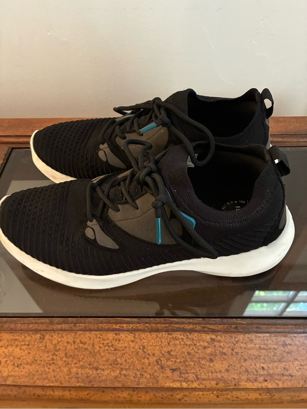 Vessi Black Knit Sneakers with White Sole and Teal Accents